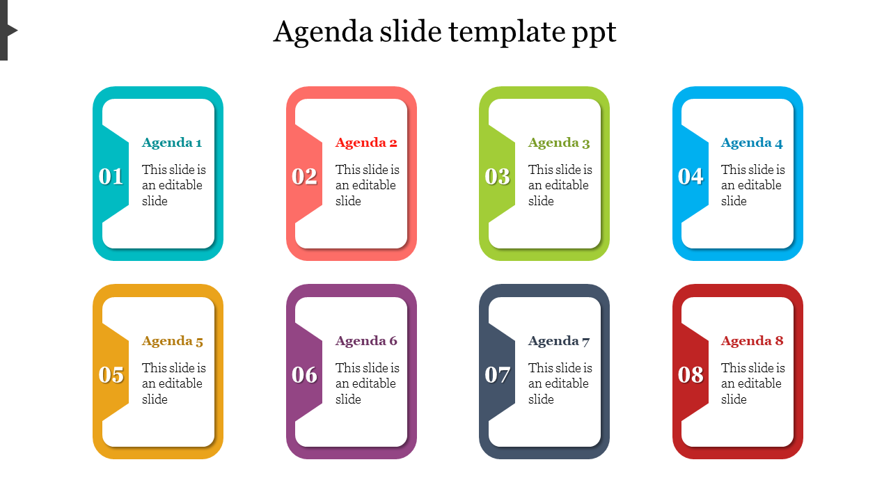 PPT template with eight agenda sections, each with a unique color and numbered list with placeholder text.