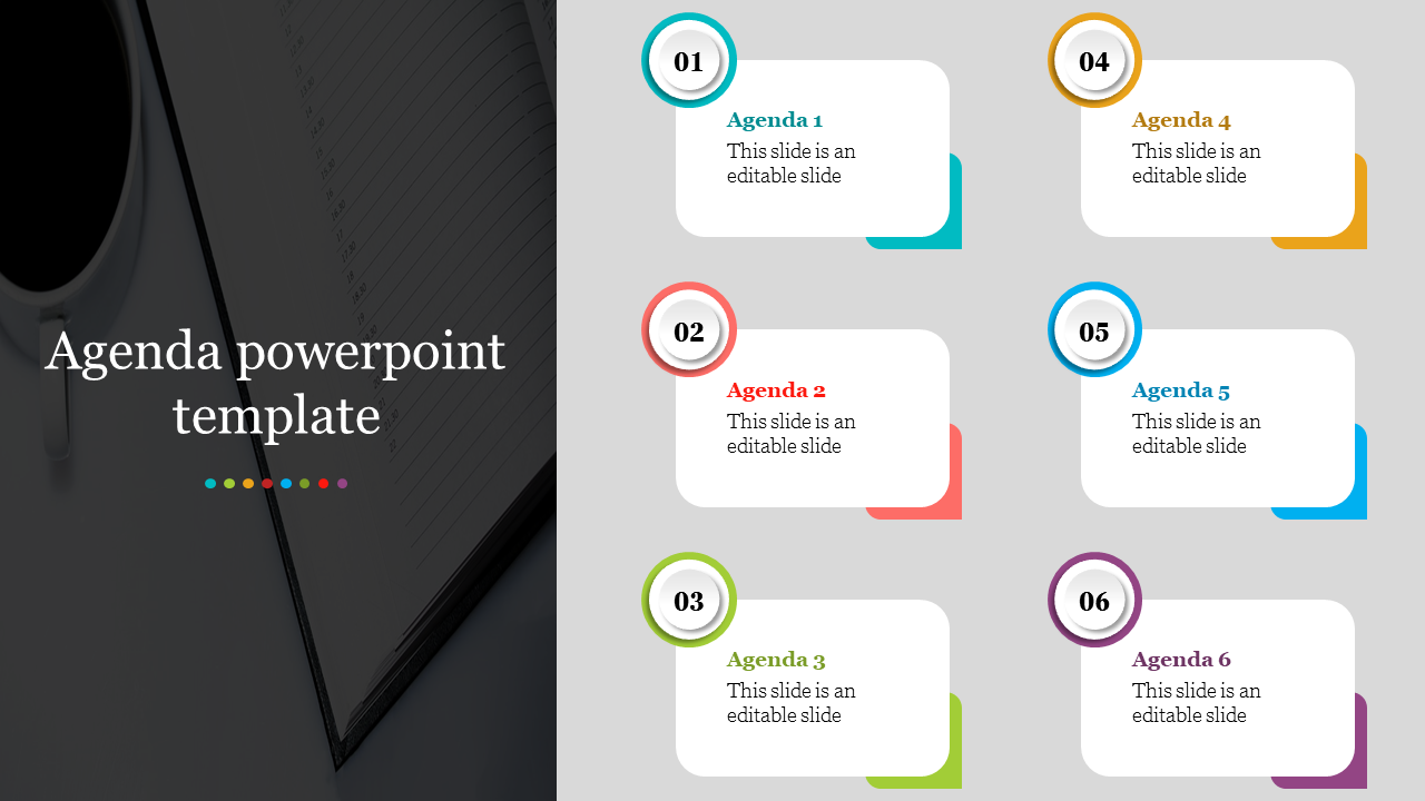 Agenda template with six numbered items, each inside a white box with a different color circle and a space for text.