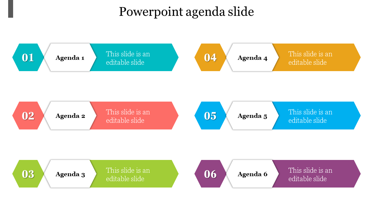 Horizontal agenda slide showing six items, each starting with a numbered hexagon in bright colors and caption areas.