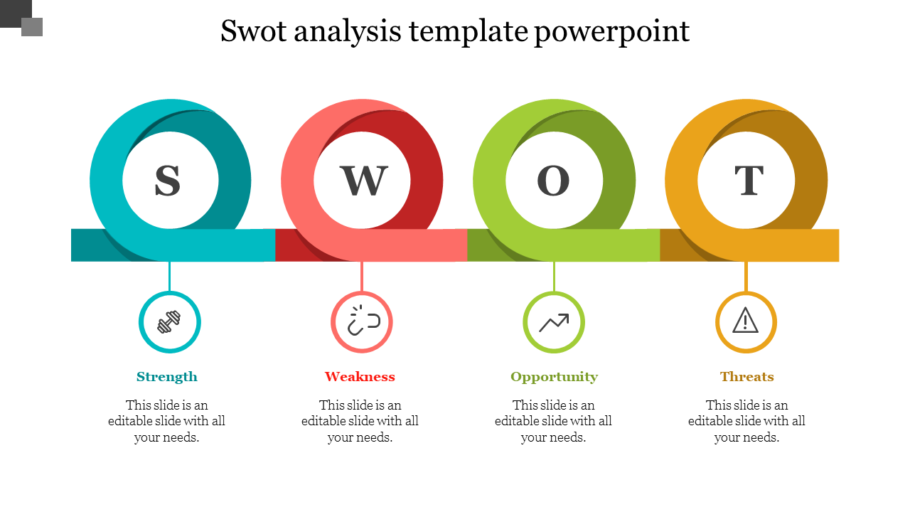 Colorful SWOT diagram with circular segments in blue, red, green, and orange, each labeled with business factors.