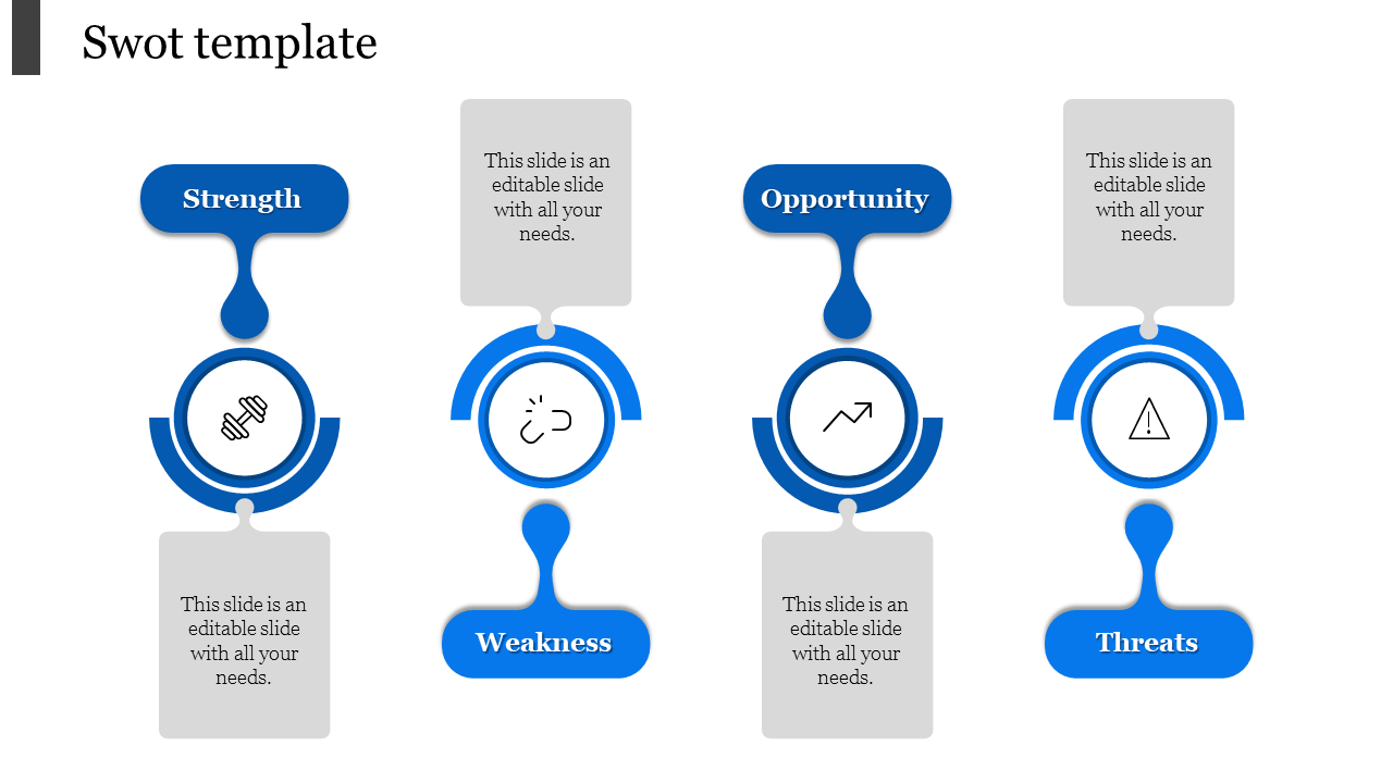 SWOT slide with four blue circles, each with a label and an icon, paired with gray caption boxes.