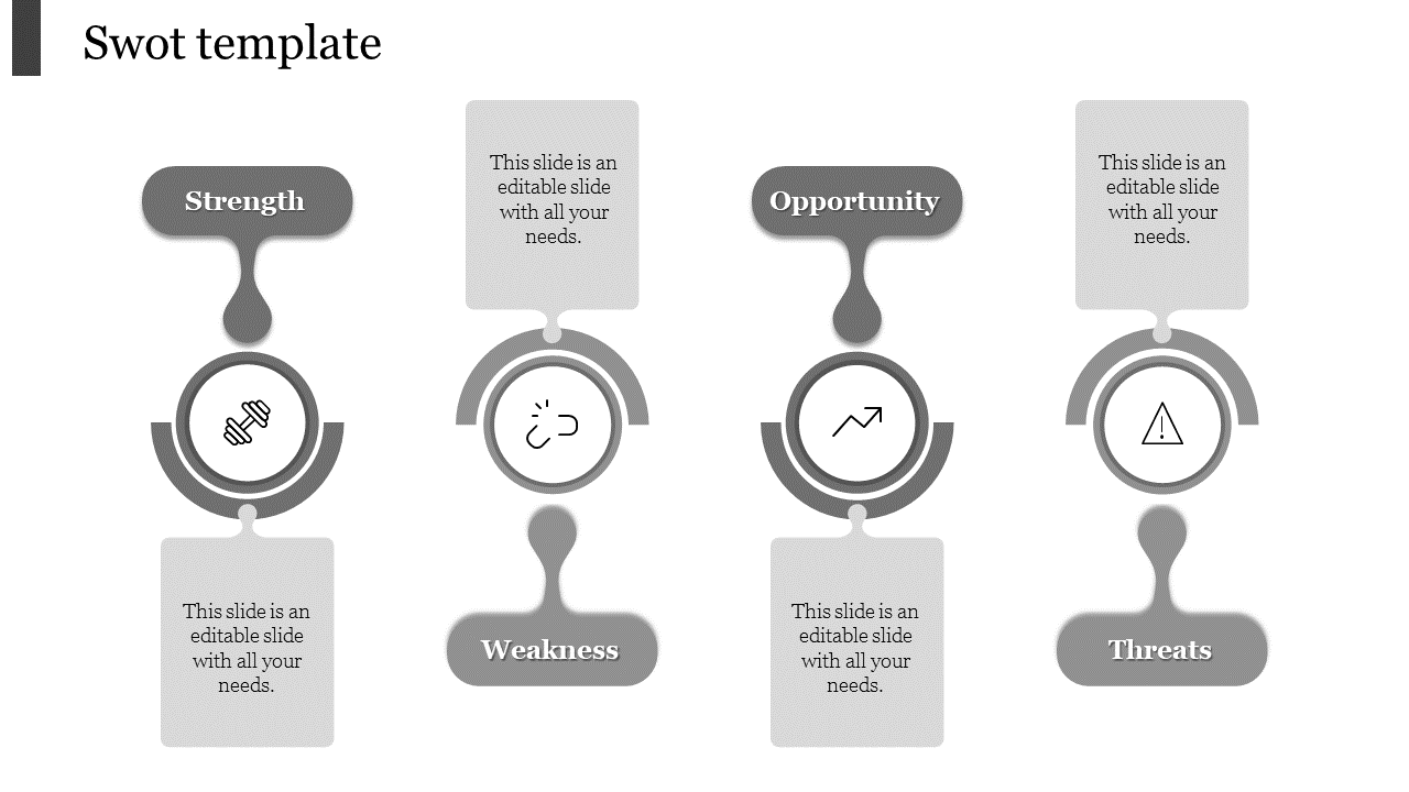 SWOT PPT slide with sections for Strengths, Weaknesses, Opportunities, and Threats, each accompanied by grey icons.