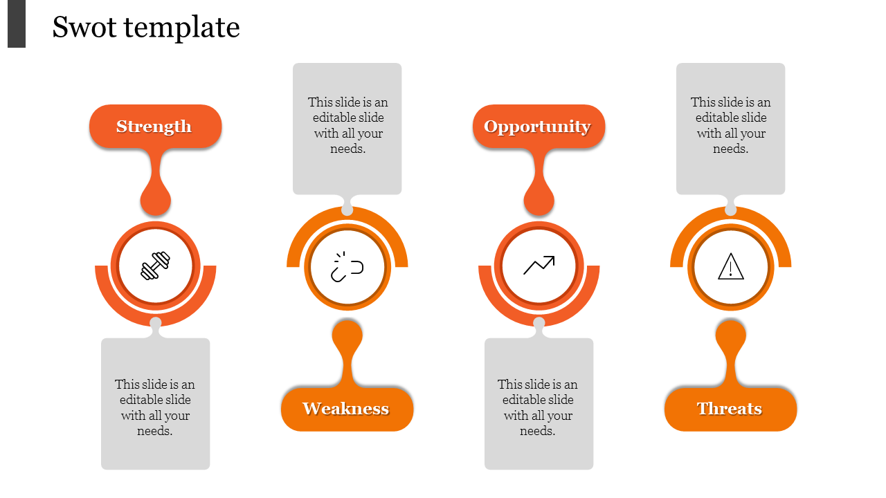 Orange circular shapes paired with gray text boxes and lines connecting them for a SWOT analysis layout.