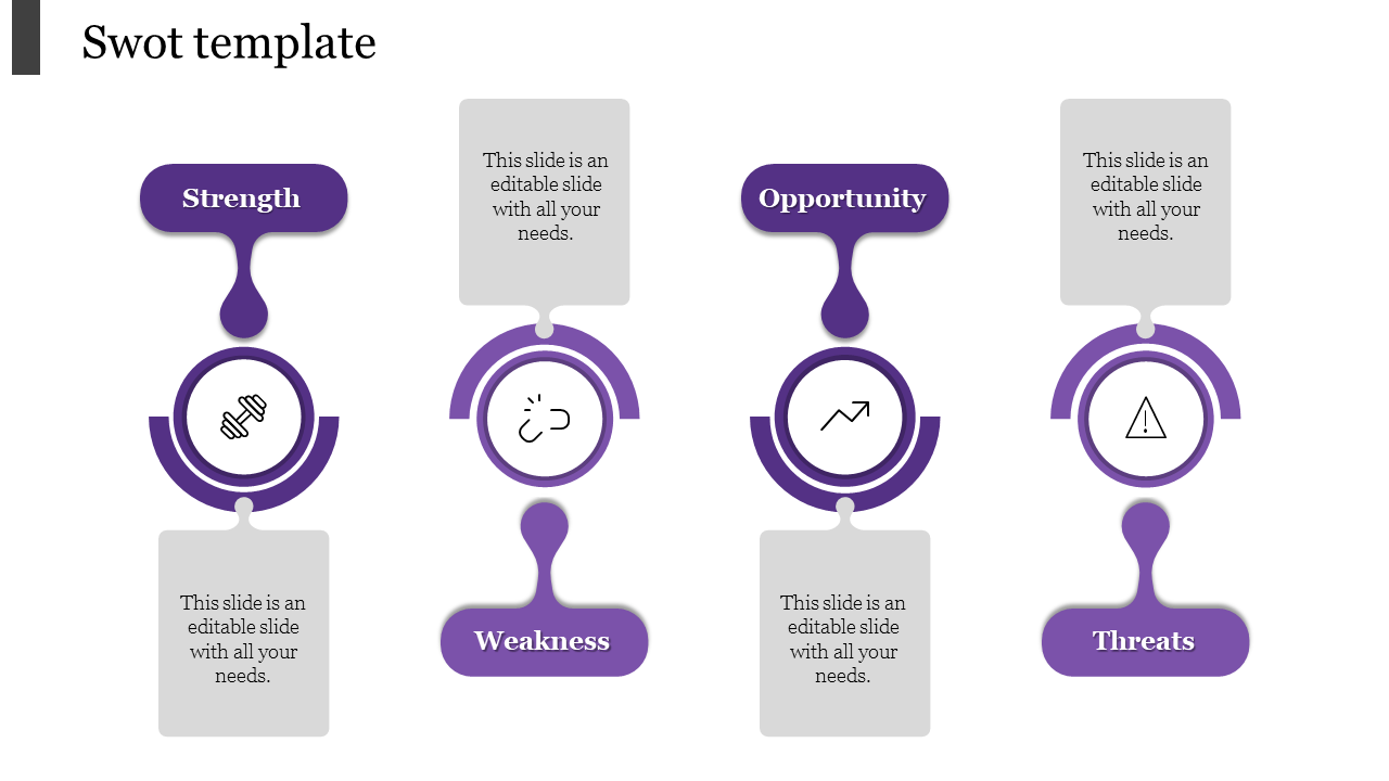 SWOT PPT slide with sections for Strengths, Weaknesses, Opportunities, and Threats, each accompanied by purple icons.