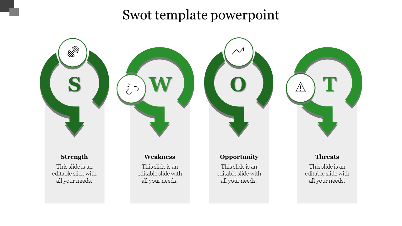 Green themed SWOT analysis slide featuring sections for strength, weakness, opportunity, and threats with text and icons.