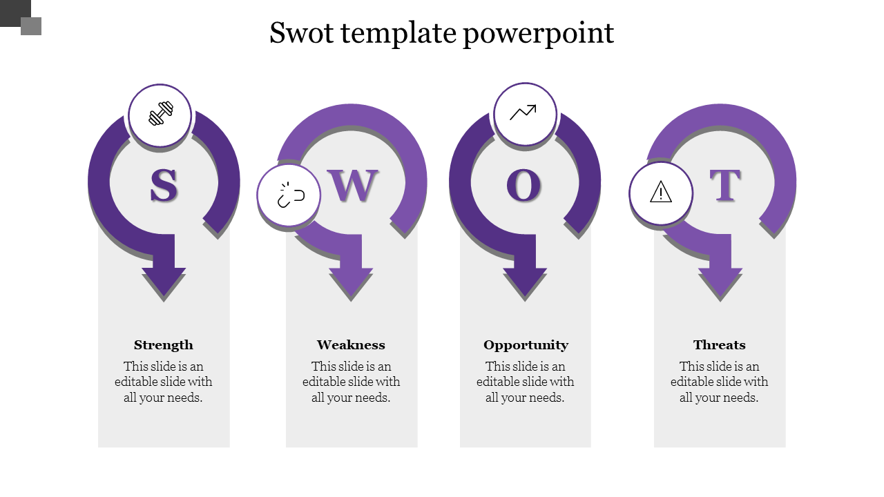 Purple themed SWOT analysis template with four curved arrows, each pointing downward, and text box below.