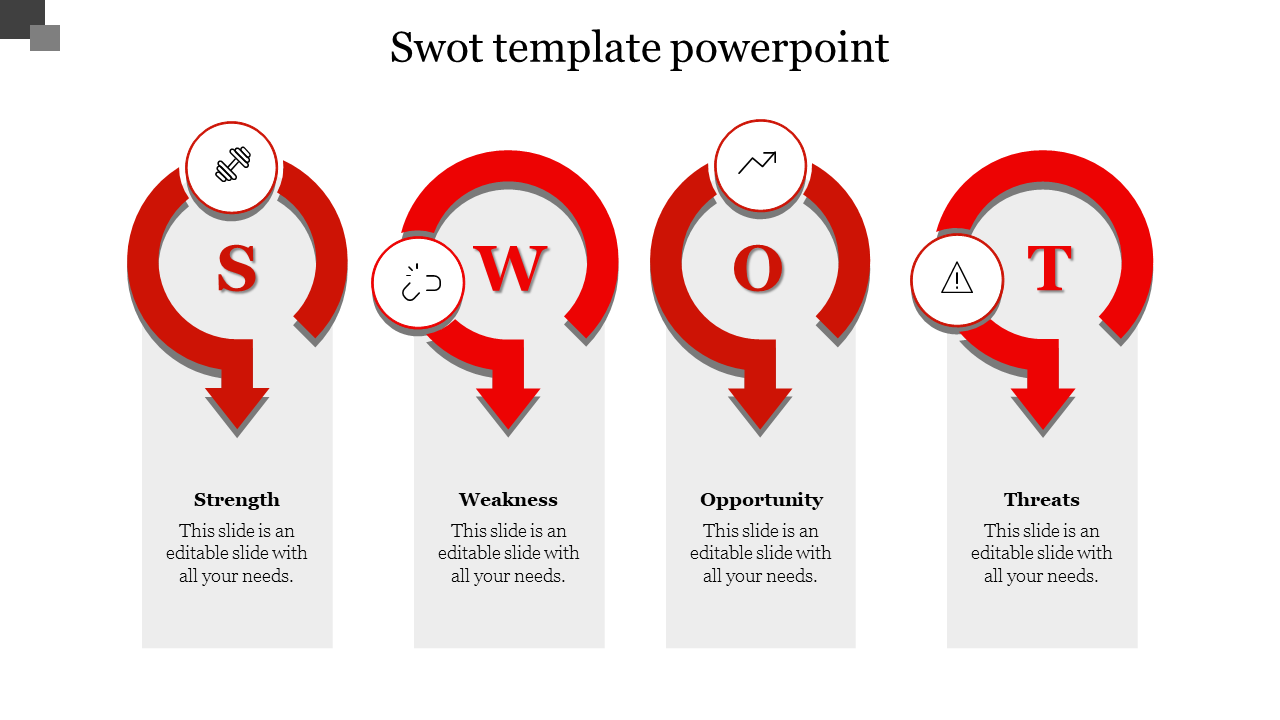 Business SWOT analysis showing four green light bulbs, each representing from strength to threat, with caption areas.