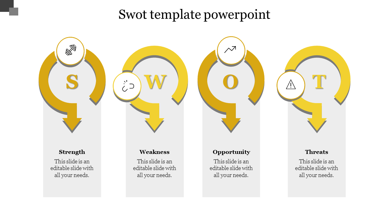 SWOT PPT slide with labeled sections for Strength, Weakness, Opportunity, and Threat with yellow icons and placeholder text.