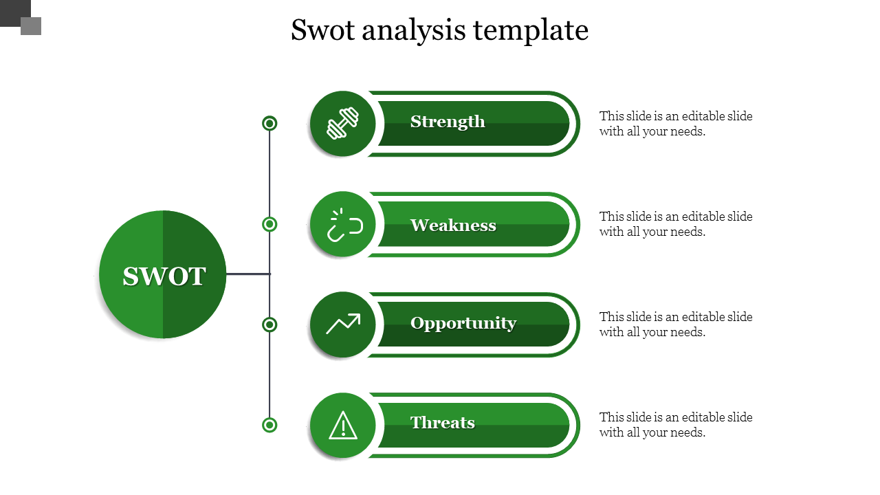 SWOT analysis template with a simple layout, featuring four sections in green each with a caption area.