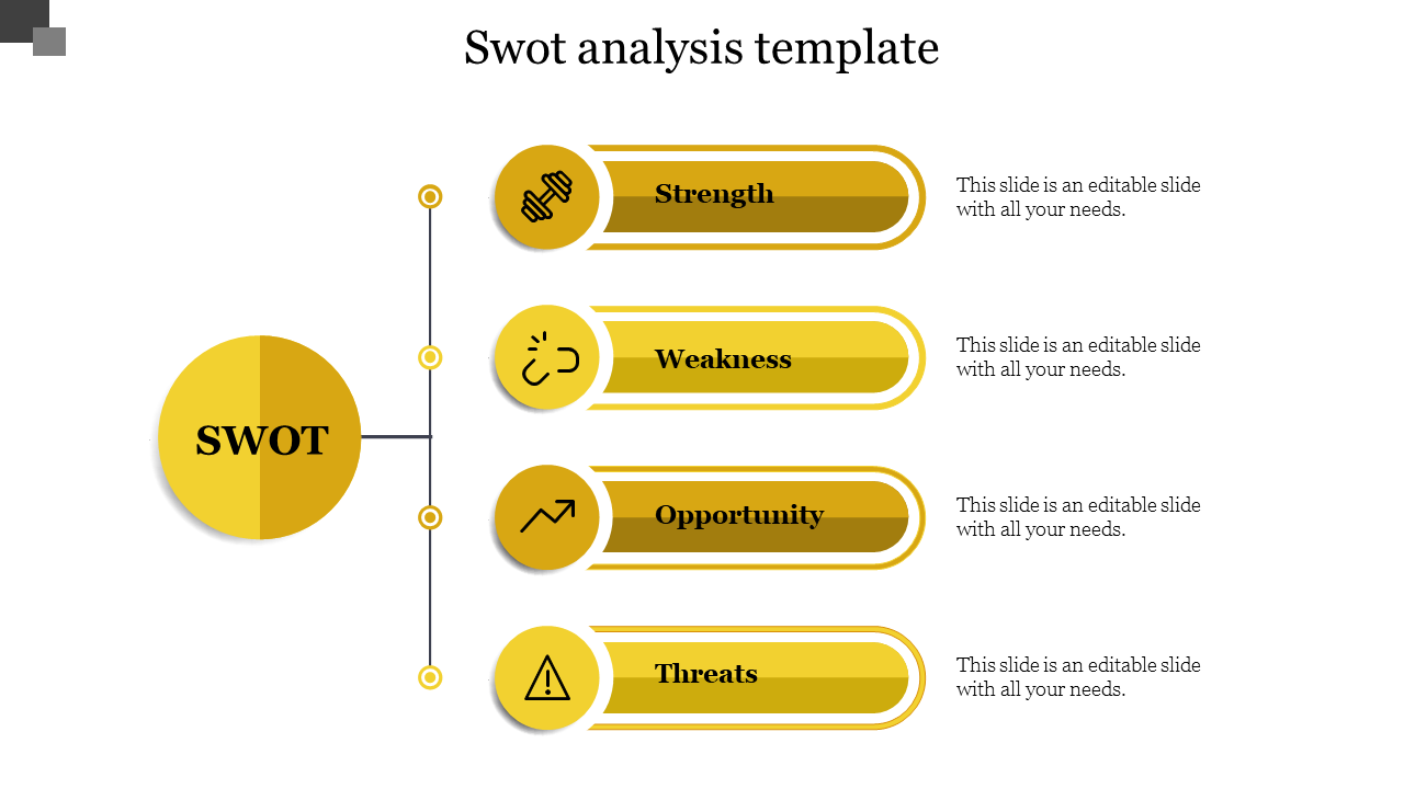 SWOT analysis template featuring four segments from strength to weakness, linked to a circle with icons.