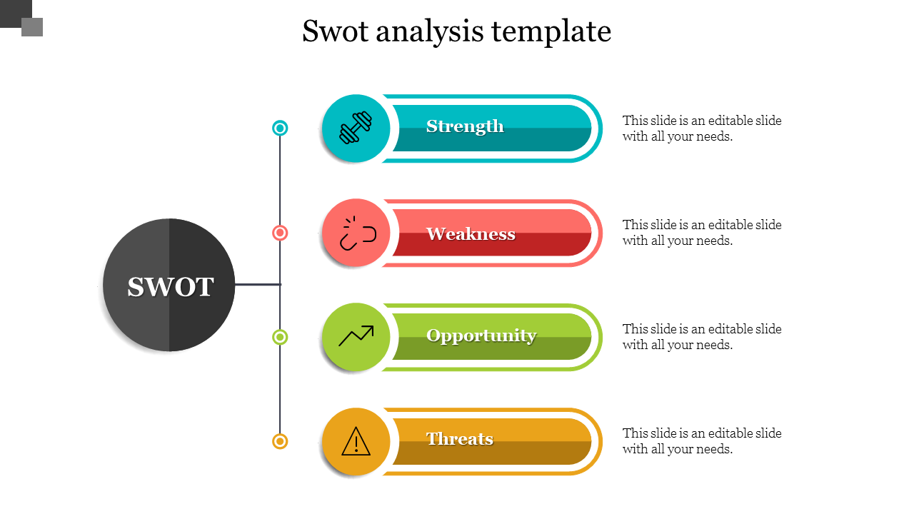 SWOT analysis PPT template with four sections Strength, Weakness, Opportunity, and Threats, each with color coded icons.