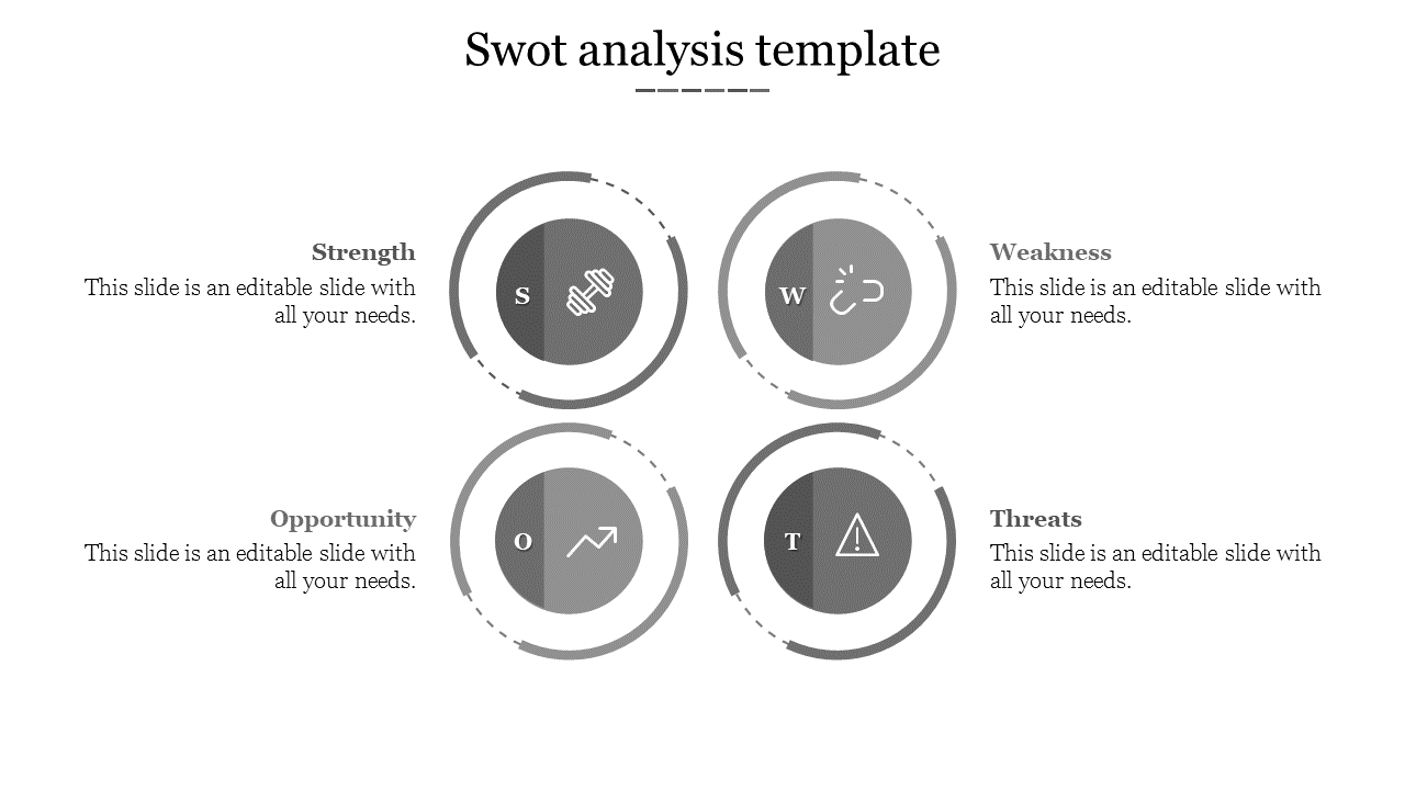 A grid layout with four gray circles, each linked to a different aspect of analysis, featuring icons and letters.