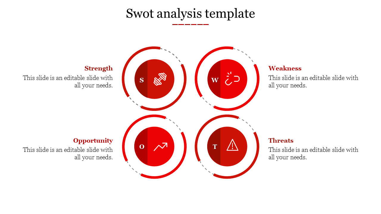 SWOT analysis layout with four red circles with icons, surrounded by dotted arcs and arranged in a square layout.