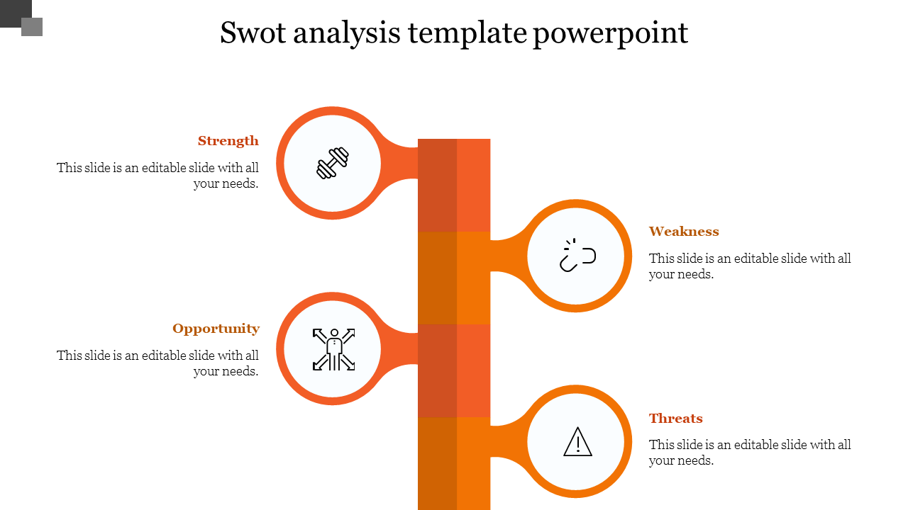 SWOT analysis template with four orange circular sections connected on a vertical line, each with space for text and an icon.