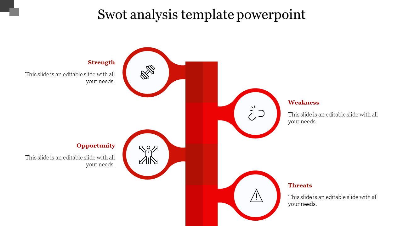 SWOT analysis PPT slide with sections for strengths, weaknesses, opportunities, and threats with red icons and text.