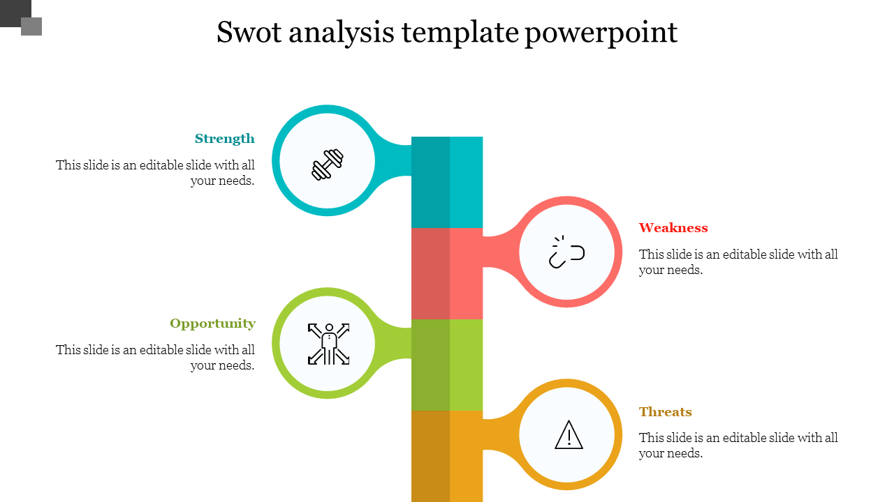 Vertical SWOT chart with circular icons for each segment: strength, weakness, opportunity, and threats, in distinct colors.