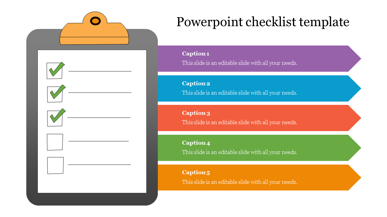 Checklist featuring a clipboard with checkboxes on the left and five colorful text boxes with caption areas.