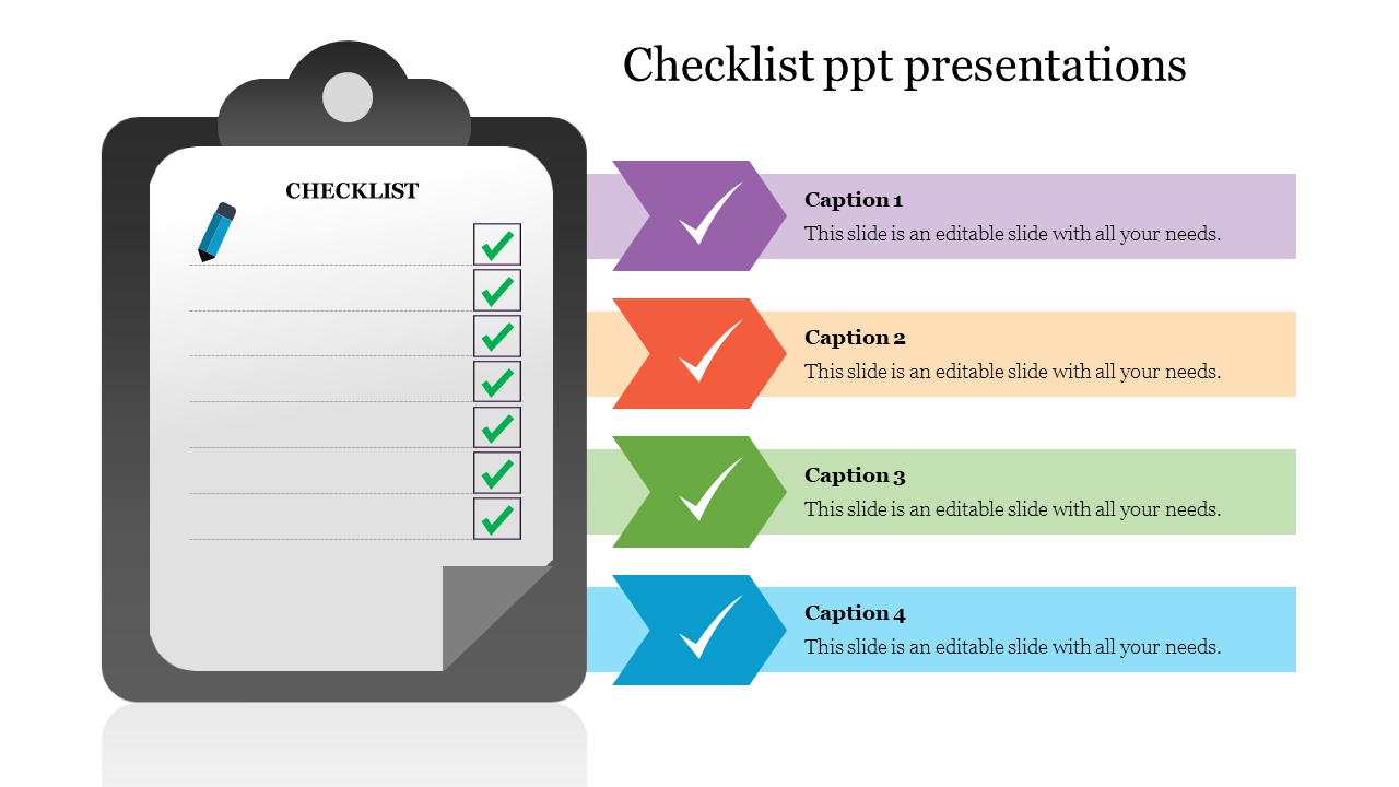 Slide with a checklist on a clipboard, showing four colorful sections with captions and tick marks for completed tasks.