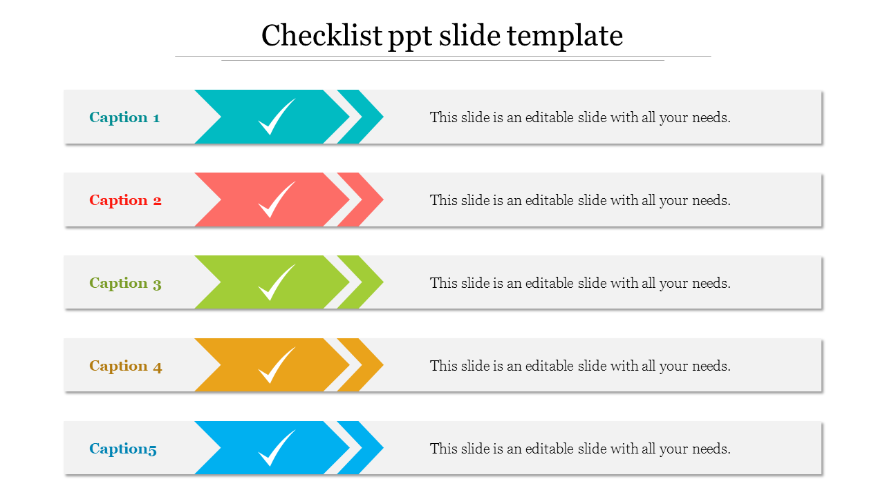 A clean and organized checklist slide featuring five captioned sections with checkmark icons for tasks.