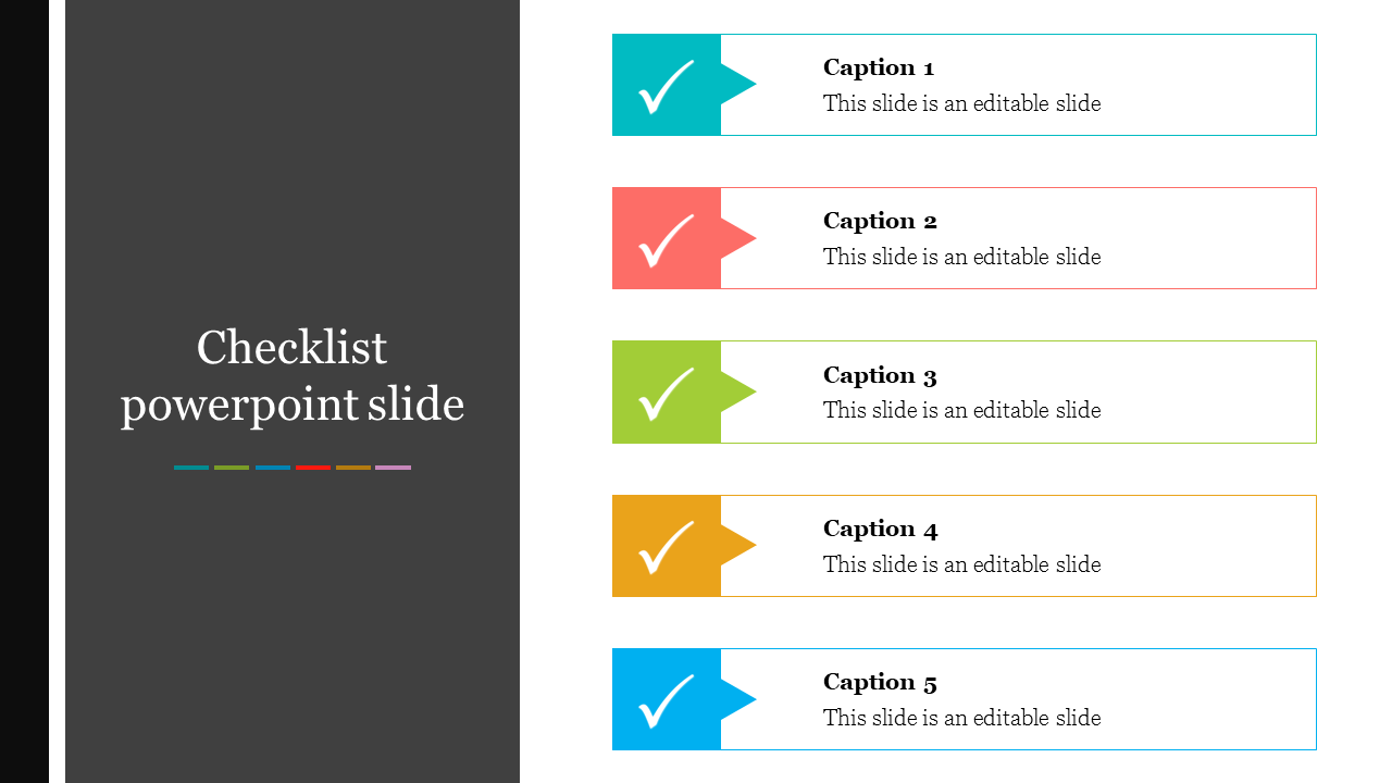 Slide featuring a colorful checklist design with five caption boxes for task management.