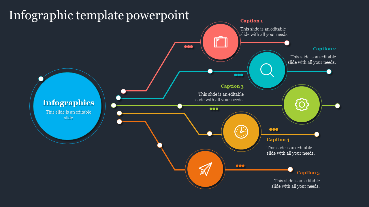 Infographic template with a main blue circle on the left, connecting to five circular icons with lines and captions areas.