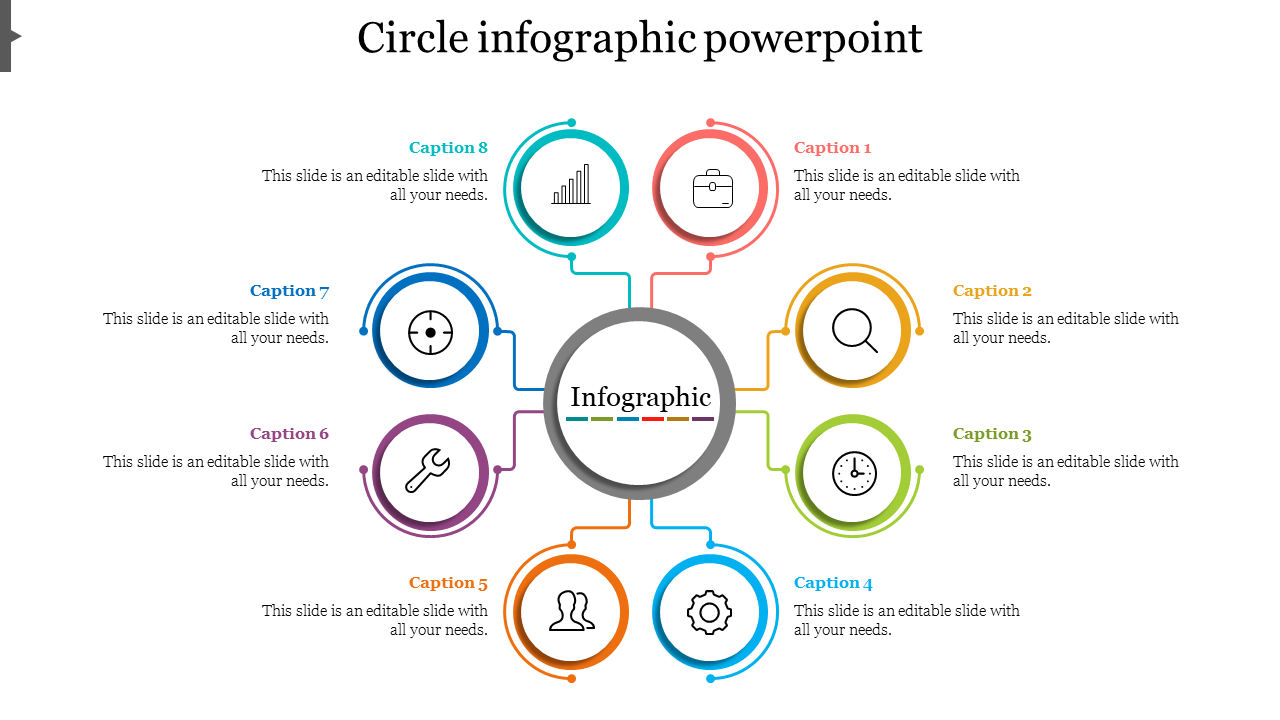 Colorful circle infographic slide featuring eight sections for captions and a central infographic element with text area.