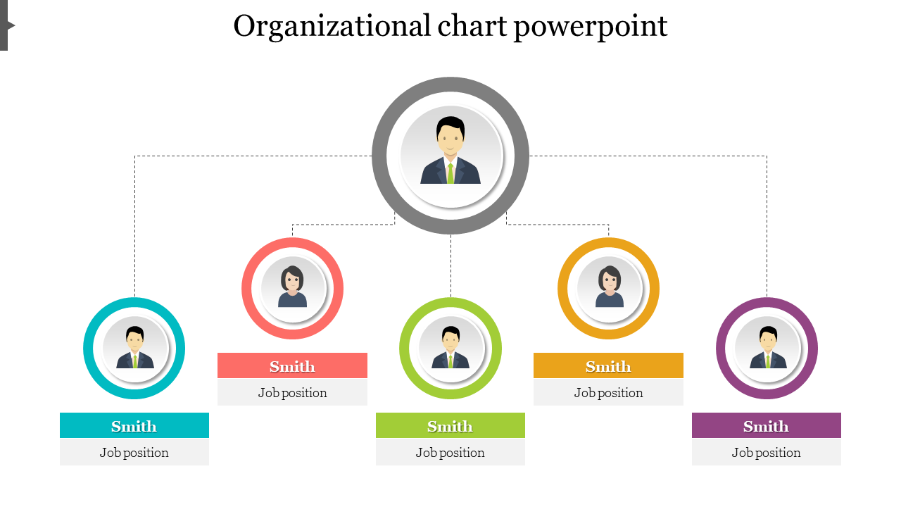 Organizational chart template with colorful circular icons representing team members connected in a hierarchical structure.