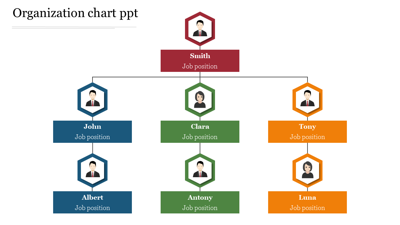 Hierarchical chart with hexagonal icons, showing three levels of job roles in red, blue, green, and orange boxes.