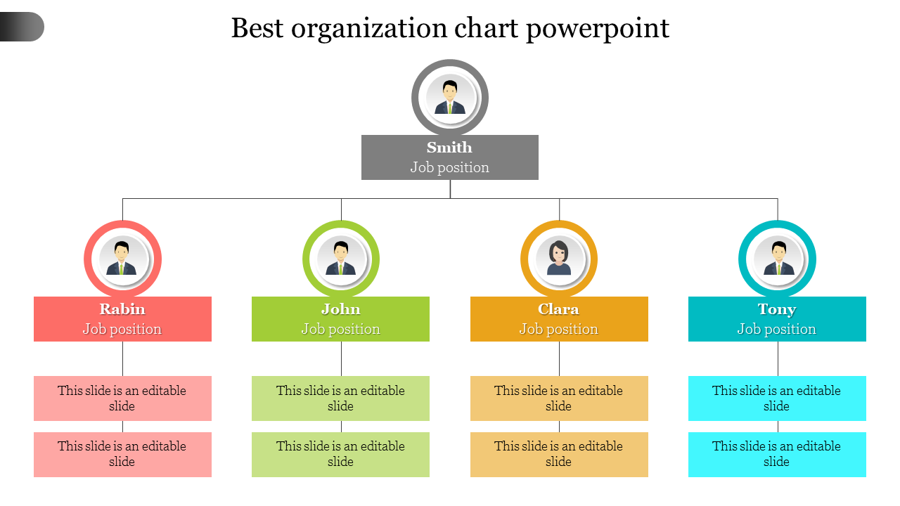 Organization chart with a top gray box connected to four colored boxes, each with image placeholders and job titles.