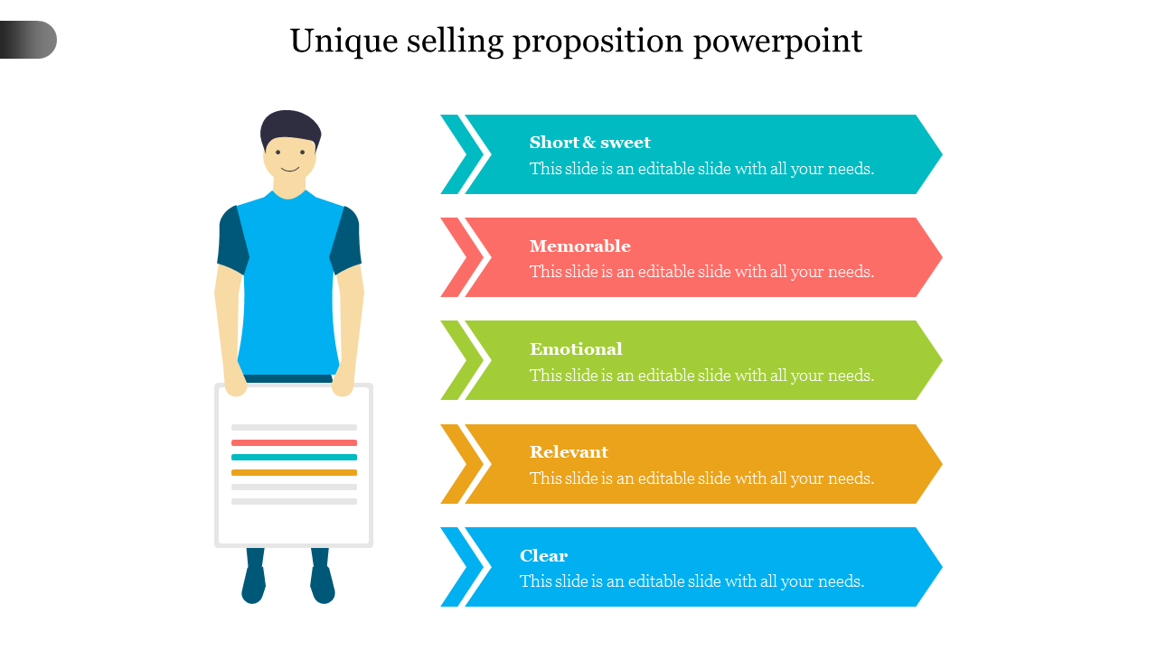 Unique selling slide with a flat design of a person holding a document, alongside five colorful arrow shaped labels.