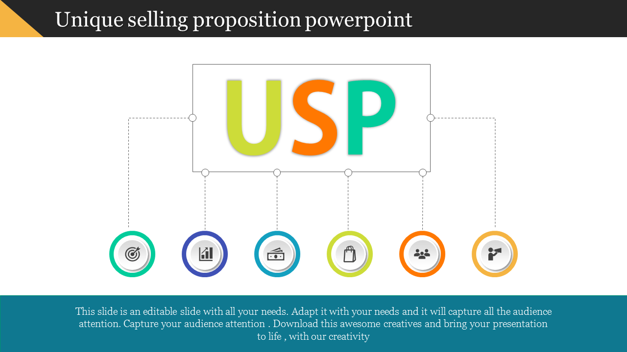 Bright USP letters at the top, connected to six colored circular icons, arranged horizontally at the bottom.