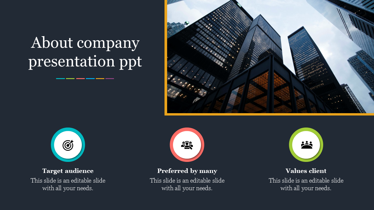 Company profile slide with a high-rise building image and three core attributes depicted using icons and captions areas.