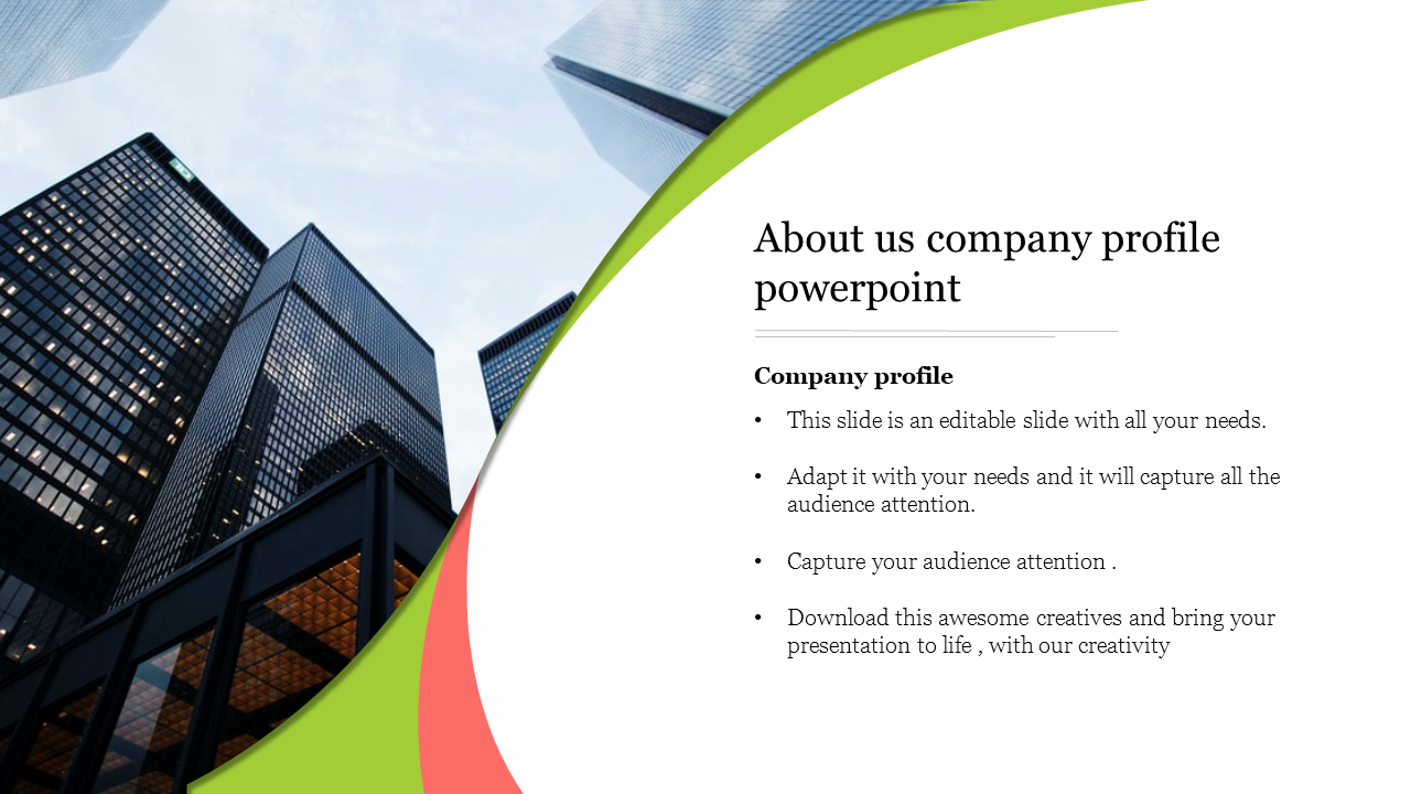 About Us company profile slide with skyscraper background and colorful design, featuring bullet points with placeholder text.