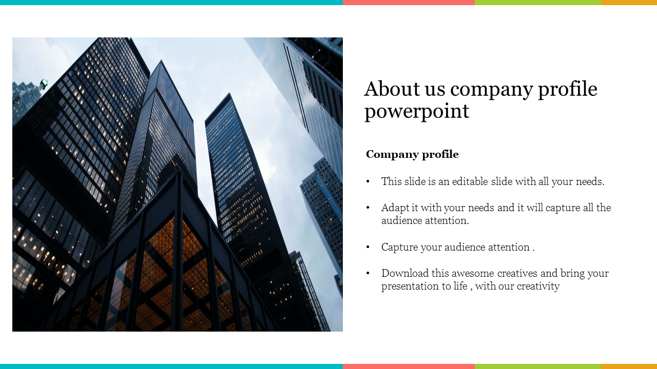 Company profile slide featuring a modern skyscraper image and sections for company details.