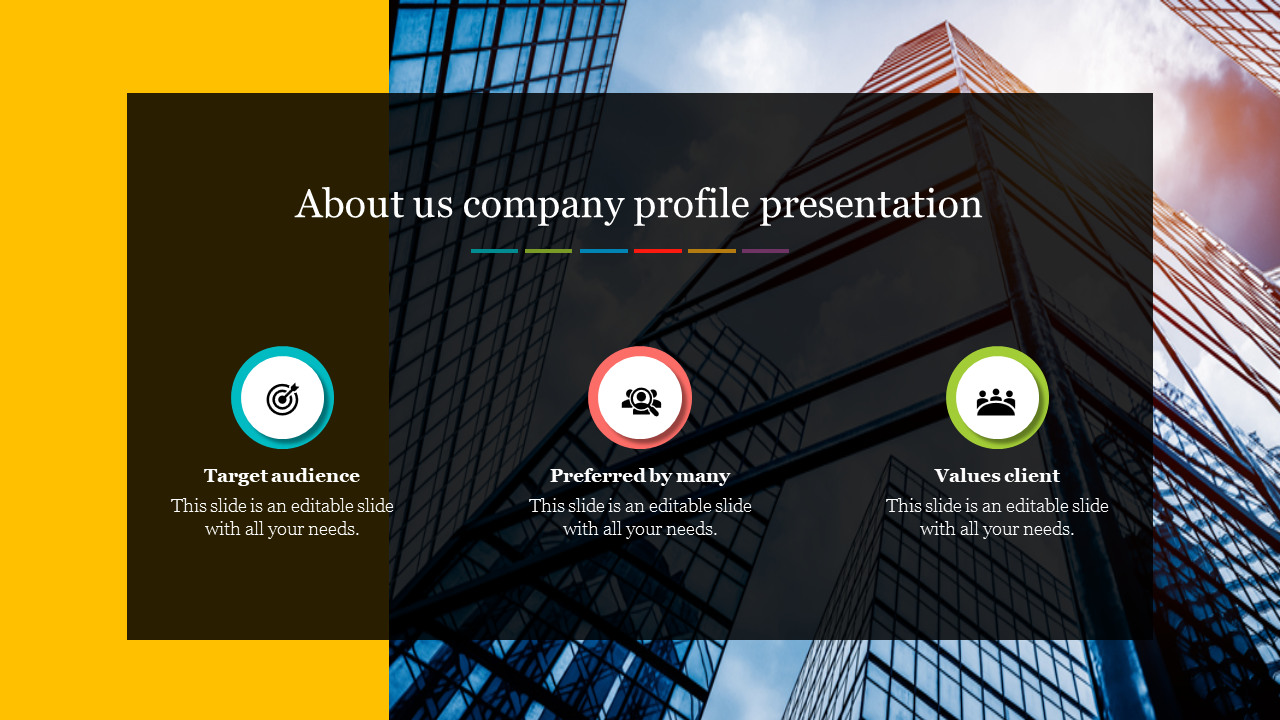 Company profile slide with three color coded icons over a skyscraper background.