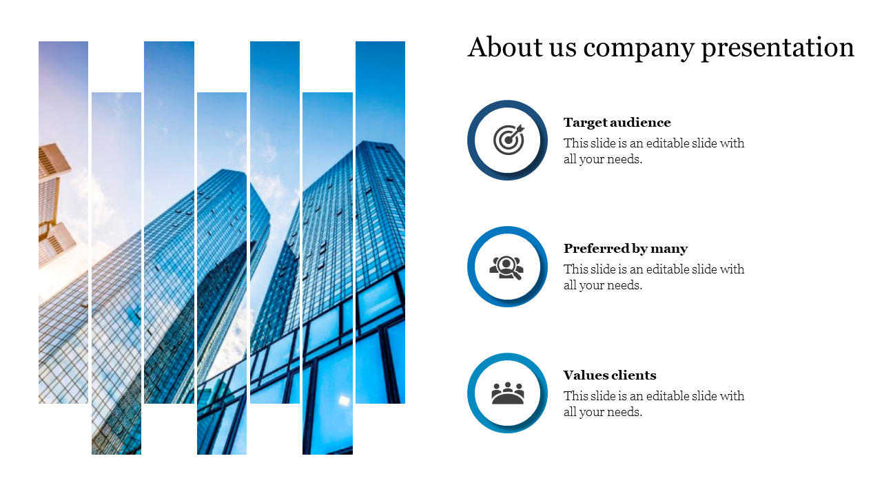 Company PPT slide with skyscrapers, featuring icons and text blocks for audience targeting, client preferences, and values.