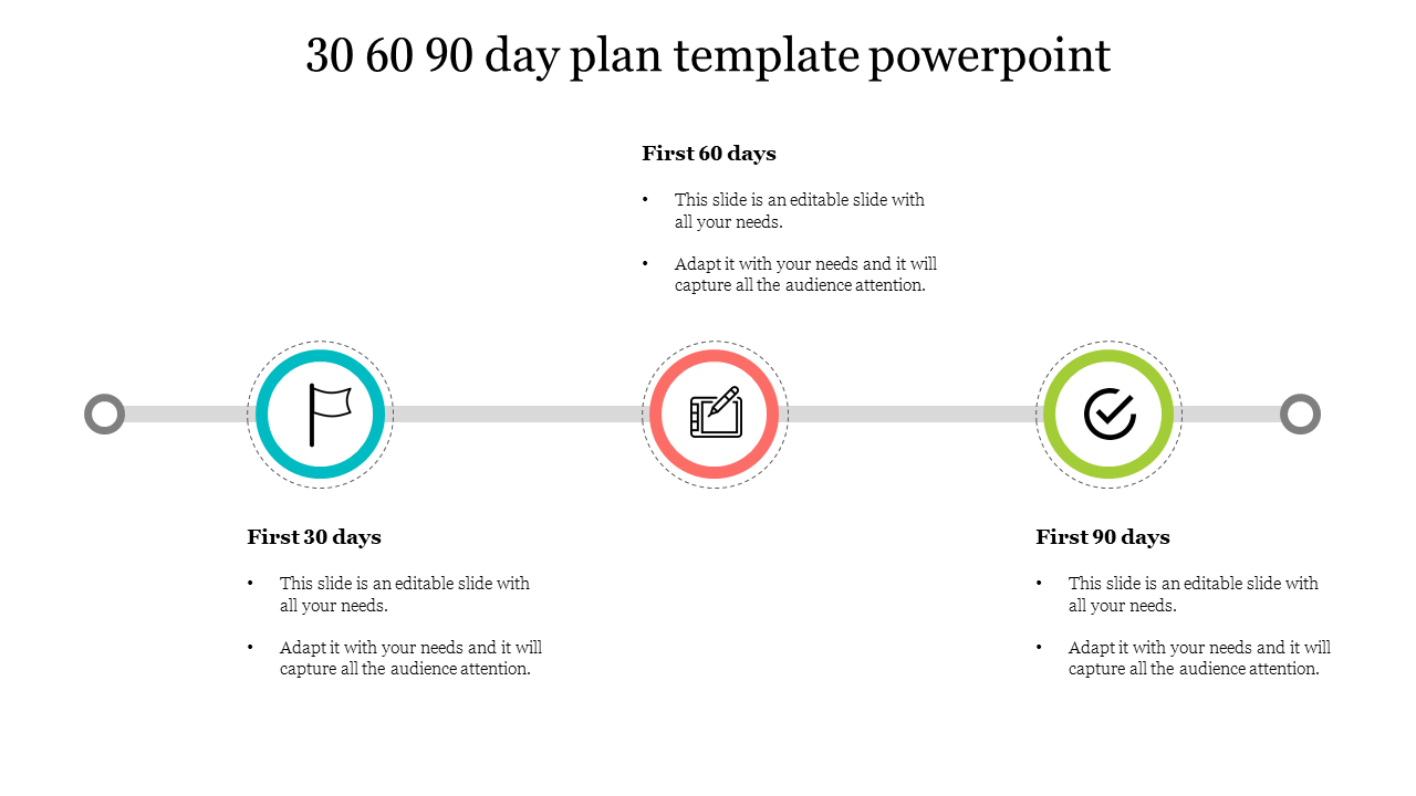 Minimalist 30-60-90 day plan with icons and descriptive points under each time period, aligned along a horizontal timeline.