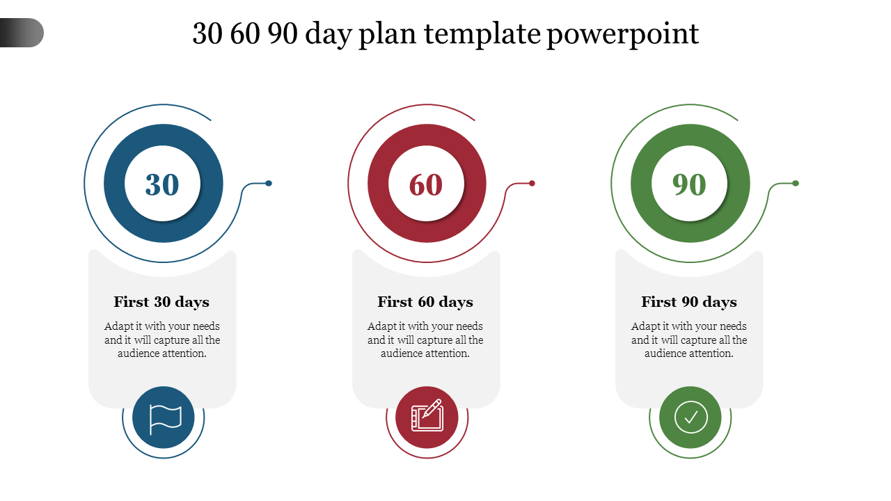 30 60 90 day plan template with circular timelines representing each phase and descriptive text boxes.