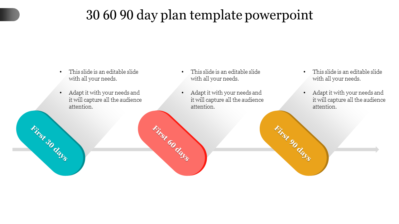 Slide showing a 30-60-90 day strategy, divided into three color-coded sections with action steps.