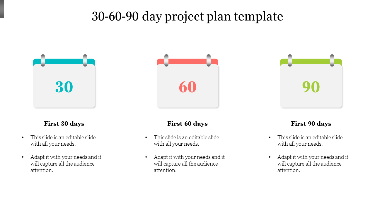 Three calendar-style icons representing 30, 60, and 90-day phases, each with text sections below outlining tasks 