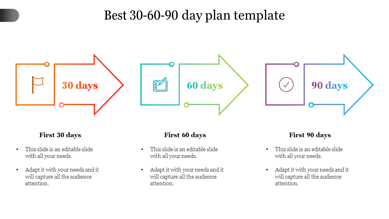 Colorful 30 60 90 day plan PPT template with arrows and icons for each milestone with placeholder text.