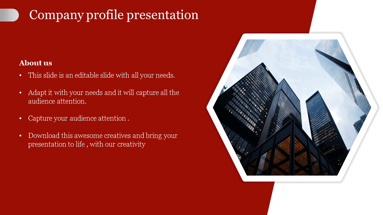 Company profile slide with a red background, featuring text section, and a hexagonal photo frame displaying skyscrapers.