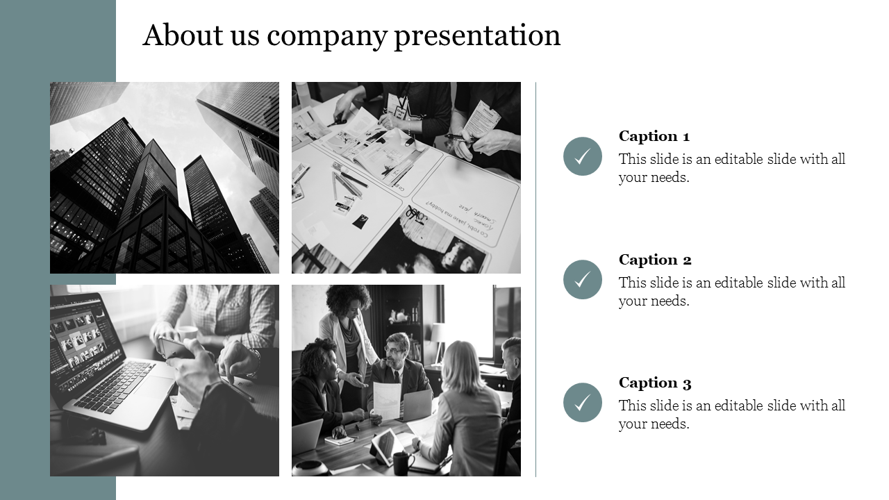 About us company introduction PowerPoint slide featuring diverse team and black and white cityscape images with captions.