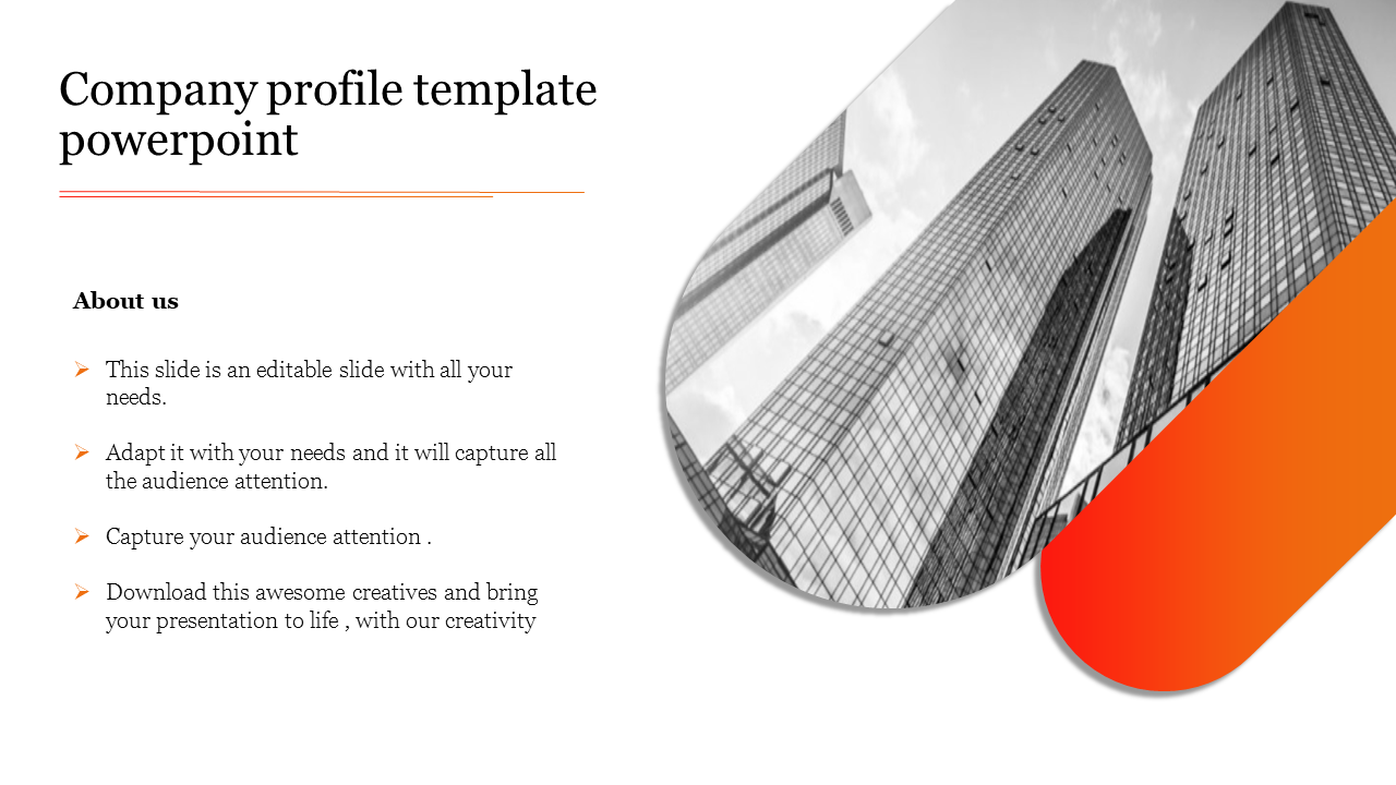 Company profile slide with grayscale skyscrapers and orange design elements placed with a caption areas.