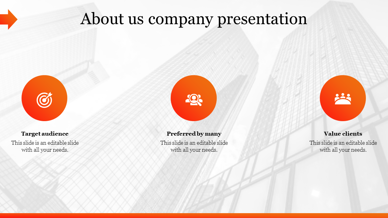 About us slide with a grayscale skyscraper background, and three orange circular icons for business values.