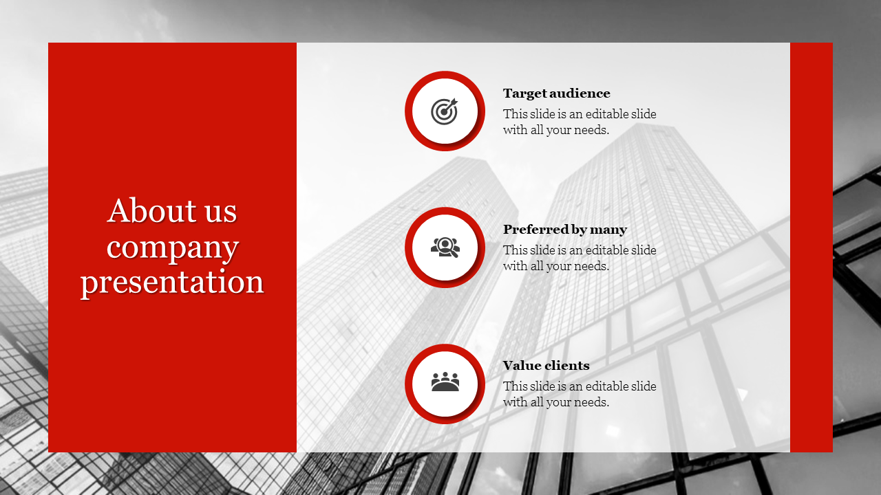 About us company profile slide with a red and black color scheme, featuring a building background and icons with text area.