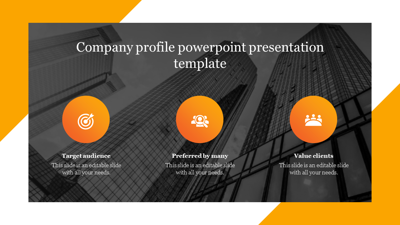 Slide designed for a company profile, featuring three key sections with icons and placeholder text.