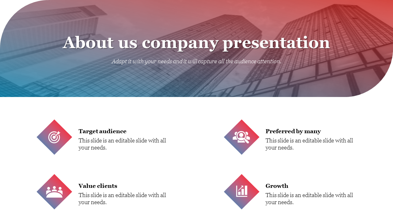 About us slide with a red and blue gradient skyscraper header and four diamond icons with descriptions below.