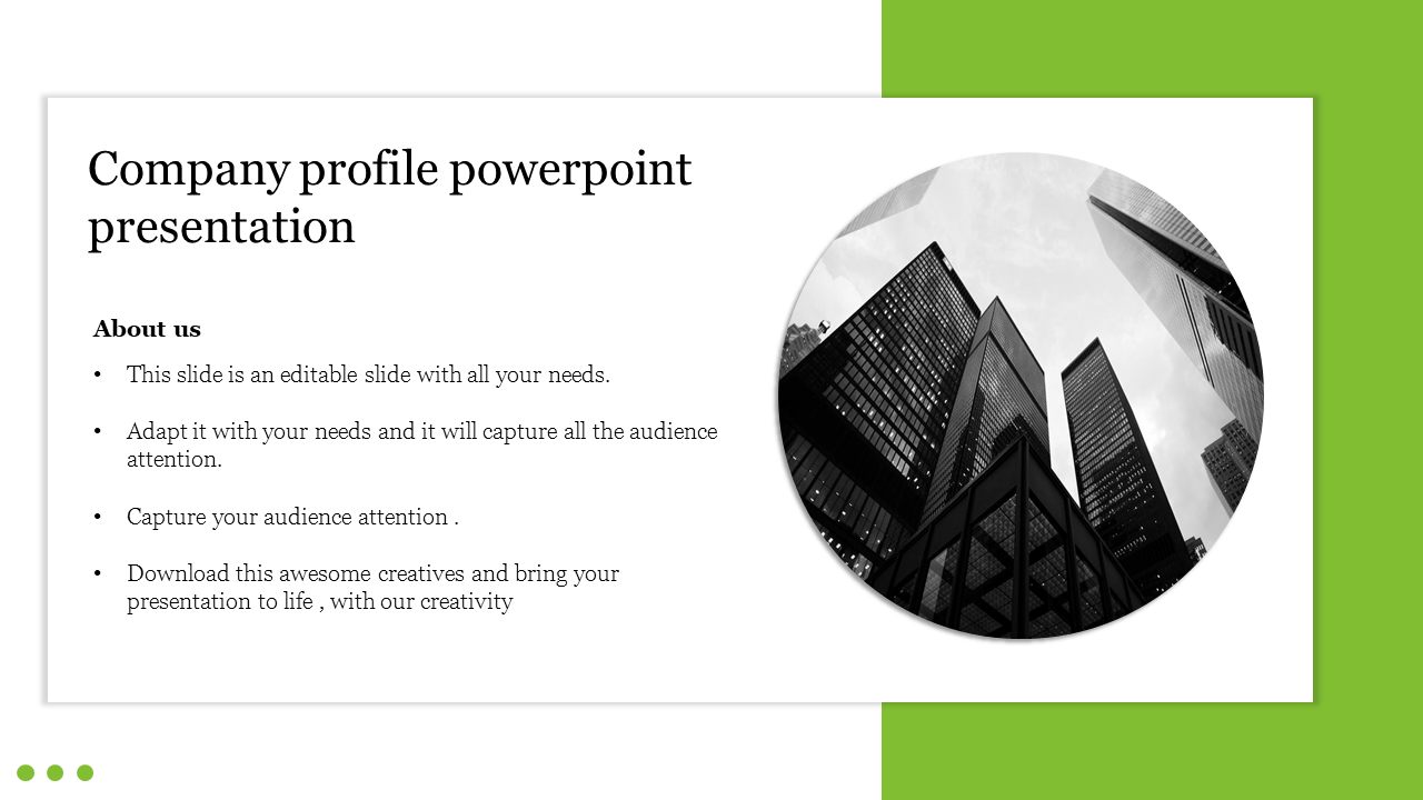 Company profile PowerPoint slide featuring a black and white image of skyscrapers, with green and white accents.