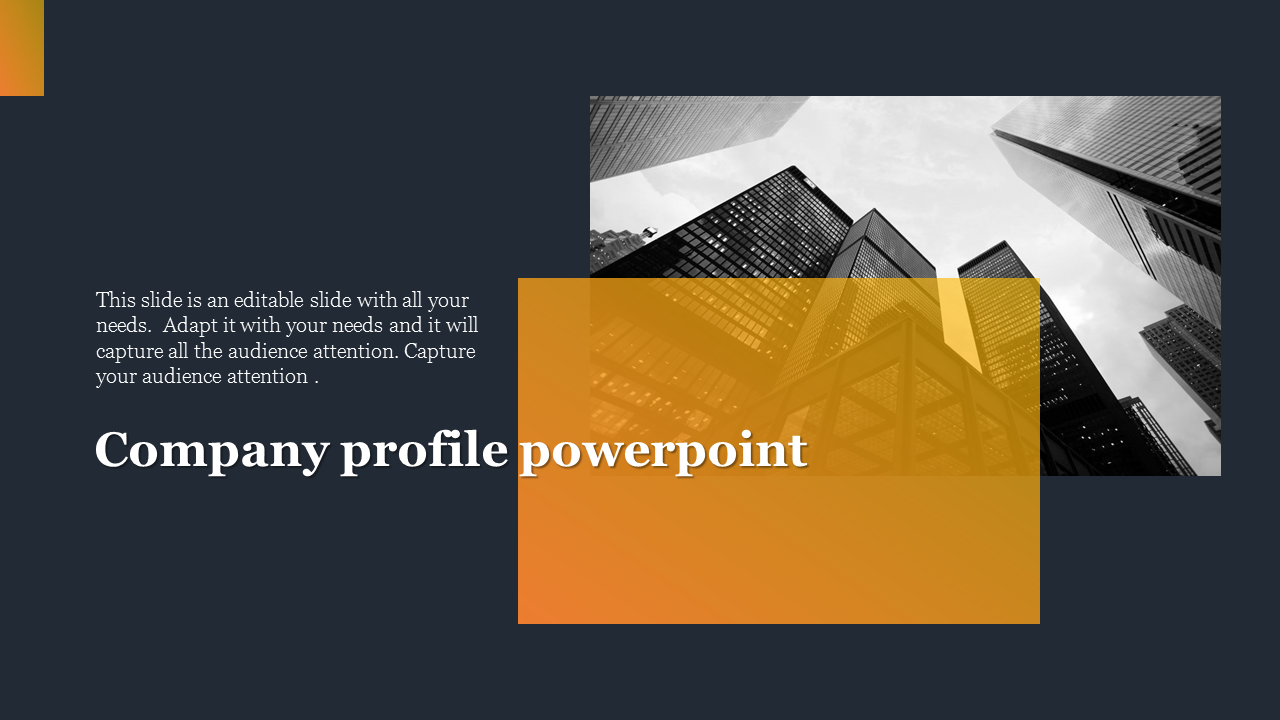  Company profile slide with an urban skyline in grayscale, highlighted by orange design elements and a text area.